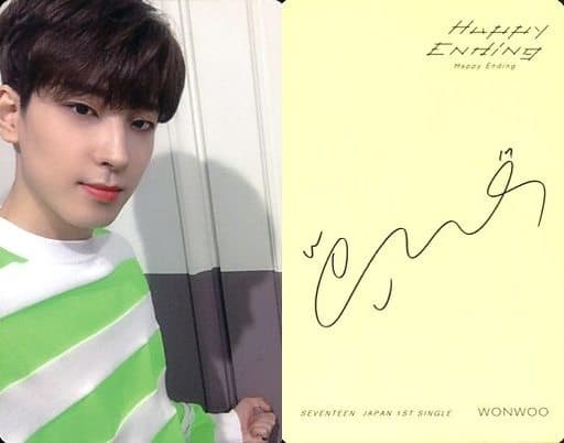 Seventeen / WONWOO (Wonu) / Print with signature / Back Yellow / CD 「 JAPAN  1 st SINGLE 『 Happy Ending 』 」 (First Press Limited Edition A) Enclosed 