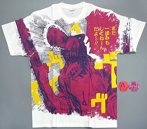 衣類　チェンソーマン(ピンク) フルグラフィックTシャツ(缶バッジ2個付き) ホワイト×ピンク Mサイズ 「チェンソーマン」 ジャンプ キャラクターズ ストア限定 衣類 チェンソーマン(ピンク) フルグラフィックTシャツ(缶バッジ
