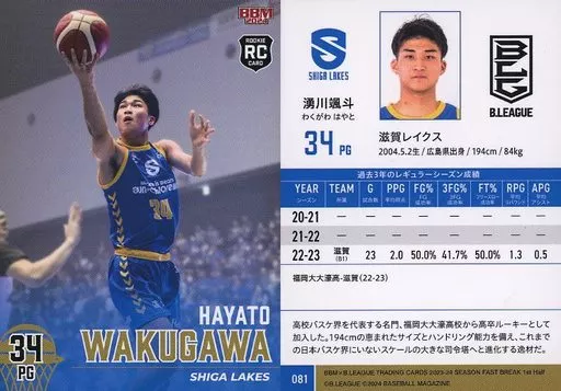 BBM 湧川颯斗選手カード BBM/ﾚｷﾞｭﾗｰｶｰﾄﾞ/BBM2024 B.LEAGUE TRADING CARDS 2023-24 SEASON