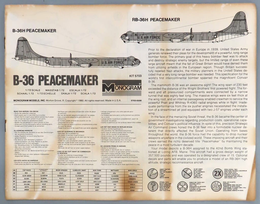 Monogram, a vintage 1:72 plastic B-36 Peacemaker kit model, 5707