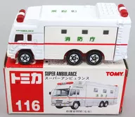 Super Ambulance Fire Department (white / red box / TOMY red ink) "Tomica No. 116"