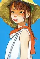 座敷童子插图(背景蓝色/竖/草帽/服装白色)明信片