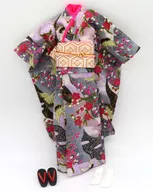 27cm用 着物(グレー/鶴×花柄)「リカちゃん」