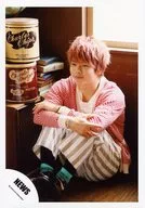 NEWS / Takahisa Masuda / Whole Body / Sitting / Costume red and white / Stripe / Arm-Clasped / Eye-Left / Official Official photo