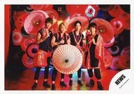 NEWS / Gather (4 people) / Horizontal, Whole body, Costume red and black, Thumb-standing, Peace, Umbrella / "KAGUYA" PV & Jacket / Official Official photo