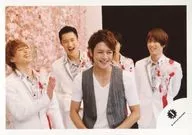 Johnnys / Assembly (4 persons) / Horizontal, Upper body, Front Takizawa, Costume white, Gray, Rear Snow Man, Costume white red, Smile, Background pink flower / 15 Summer Takizawa Kabuki 10th Anniversary, Singaporean performance pamphlet photo off-shot / Official Official photo