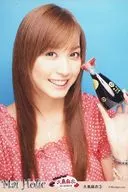 3 : Mai Oshima / Bust Up / Costume Red / Polka-Dot Pattern / Left Hand Soy Sauce / Background Light Blue / DVD 「 Mai Oshima Talk Live ~ It starts from 19 : 30, but you can enter from 18 : 30. ~ 」 Special Official photo