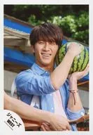 Johnny's West / Takahiro Hamada / Upper body / Shirt blue / Inner pink / Watermelon with both hands / Face side / Left eye closed / Arms in front / Ukulele / 『 Life is wonderful 』 PV & Jacque Photo / Official Official photo