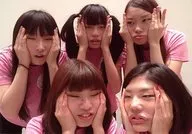 Happy Super Jie Net Resort / Group (5 people) / Horizontal, Upper body, Costume, Pink, White, Irregular Face, Face with both hands, Mouth open, Eyes closed, Background white / Official photo