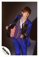 KinKi Kids / Koichi Domoto / Above-the-knee ・ Costume Blue ・ Vest Purple Yellow Stripe ・ Both Hands Jacket ・ Body Twist ・ Eye Line Right ・ Background Gray / 2016 Autumn Brochure & Goods / Official Official photo