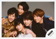 Arashi / Assembly (5 people) / Horizontal, Bust up, Costume, Brown, Black and White, Blue, Eyes Upper Left, Showing the Teeth, Front Matsumoto, Hugging the Sakurai, Ninomiya Armband, Ohno Armband, Mouth Opening, Gray background / "Are You Happy?" Jacque shooting & "Don't You Get It" PV shooting / Official Official photo