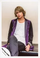 Hey! Say! JUMP / Yuya Takagi / Knee-up, sitting, costume purple, white, black, legs, mouth closed, neck tilted, background white / "Fantastic Time" PV and, Background White / "Fantastic Time" PV & Jacque Shooting / Official Official photo