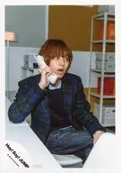 Hey! Say! JUMP / Kei Inoo / Knee-Up / Sitting / Costume Green. Blue / Check Pattern / Inner Black / Right Hand Phone / Pair Of Legs / "Give Me Love" PV & Jacque Photo / Official Official photo