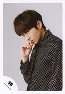 V6 / Ken Miyake / Bust up / Costume black. White / Polka-dot pattern / Right hand, mouth, left side, Background gray / Official Official photo