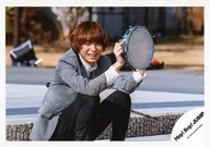 Hey! Say! JUMP / Kei Inoo / horizontal, knee-up, sitting, costume gray, black and white, both hands tambourine, smile / "Funky Time" PV & Jacque photography / Official Official photo