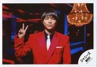 Johnny's West / Daiki Shigeoka / horizontal, bust up, costume red, right hand piece, body front / "Osaka ☆ Ai, Eye, Ai" PV & Jacque shooting off-shot / Official Official photo