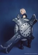 Akari Nanawo (Mashu Kyrielite) / Whole-body, Left-facing, Costume black, Shield, Background blue, Character Actor shot / Stage 「 Fate/Grand Order THE STAGE - Sacred Roundtable Area Camelot - 」 Cast Bromide