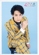 Super Express / Yusuke Fukuda / Above-the-knee, Sitting, Costume Black-and-Yellow, Check, Right Hand Lifting, Footwork, Background Light Blue /' Yusuke Birthday Anniversary 20 th Birthday Anniversary' Official photo Suit ver.