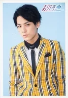 Super Express / Yusuke Fukuda / Upper-body, Clothes in Yellow Black, Check, Face Obliquely Facing Left, Background Light Blue / "Yusuke Birthday Anniversary 20 th Birthday Anniversary" Official photo Suit ver.