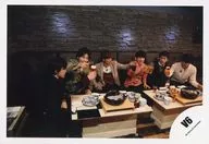 V6 / Gather (6 persons) / Horizontal, Whole body, Sitting, Costume black, Khaki, Beige, Pink, Grey, White, Glass on the hand, Pot on the table, Sakamoto body facing right, Background grey / Official Official photo