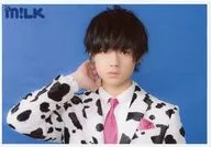 M!LK / Hayato Sano / Horizontal, Bust Up, Costume White. Black, Cow Pattern, Tie Pink, Right Hand Head Back, Background Blue / "Mow Mow DREAM ~ I want to be a super B! G cow ~" Official photo Set -5 th Cup -