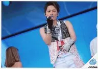 AAA / Mitsuhiro Hidaka / Live Photo / Horizontal Type / Above the Knee / Costume Black Red White / Right Hand Microphone / right eye / Background Blue / 「 AAA PARTY/AAA mobile 」 a-nation' 14 FC Limited Artist Photo