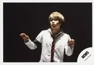 NEWS / Takahisa Masuda / Horizontal, Upper Body, Shirt White, Tie Red Black, Both Hands Up, Face Left, Background Black / Official Official photo