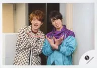 Johnnys Jr. / Tatsuya Fukazawa / Ryota Miyadate / Horizontal, upper body, costume white brown blue purple, both hands pose / Johnnys Jr. Festival 2018 goods shooting off-shot