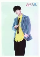 Super Express / Yusuke Fukuda / Above-the-knee, Costume Yellow / Gray, Right Hand Necktie, Left Hand Pocket, Background Light Blue / "Super Express POP STORE" GOLDEN EPOCH SPECIAL Official photo (common ver.)