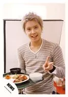 NEWS / Yuya Tegoshi / Upper body, costume grey, stripe pattern, food tray on right hand, left hand piece, front view / Official Official photo