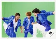 V6 / Morita, Miyake, Okada / Horizontal, Knee-Up, Costume, Blue White, Knee-Up, Open Mouth, Green Background / Official Official photo