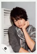 SeXyzone / Kikuchi Fuma / Bust up / Costume grey / Stole check / Left hand cheek stick / Background white / Official Official photo