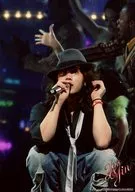 KAT-TUN / Akanishi Jin / Live Photo, Whole Body, Costume Black, Crouching, Hat Black, Right Hand Microphone, Left Hand Hair, No Frame / "Star Live You & Jin"