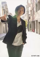 Ryo Ryusei / Above the Knee / Jacket Black / Inner Black and White / Right Hand Front Protruding / Left Hand Pocket / Mouth Closed / Background Outdoor / Backlight / Official photo Set Ver. 2