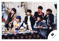 V6 / Group (6 people) / Horizontal, Knee-High, Costume black, grey, beige, Left facing, Mouth open, 3 people sitting, Okada Cap, Nagano Right-Hand Raised, Morita Right-Hand Mouth, Giraffe, Flower, Drink, Background white / Official Official photo