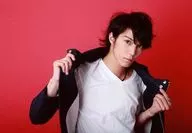 Kyosuke Hamao / Horizontal, Upper body, Costume Black and White, Both Hands Jacket, Background Red / Official photo