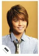 NEWS / Yuya Tegoshi / Bust up / Striped Shirt blue / Necktie gold / Background yellow / Official Official photo