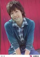 D2 / Ryosuke Ikeoka / Above the Knees, Blue Costume, Shirt, Check Pattern, Red Background, "2011.05" / Official Official photo