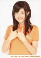 Berryz Kobo / Yurina Kumai / Upper body / Clothes : Orange Polo Shirt / Both Hands : Thumb Overlap / Background White / Official Official photo