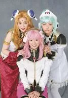 Maho Tomita (Mille-feuille, Cherry Blossom Leaves), Yuka Koide (Ranka, Fuu Lambo Words), Satomi Akesaka (Vani La H) / Above the Knee, White Red Costume, Shoulders of Both Hands, Sitting, Gray Background / Stage "Musical Galaxy Angel" Goods Official photo