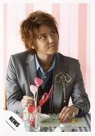 NEWS / Yuya Tegoshi / Bust up / sitting / suit grey / shirt light blue / eye right upper / background pink / official Official photo