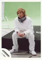 J-Friends / Tsuyoshi Morita / Whole body, Costume white, Sitting, Both hands picking, Sitting, Above the Eye, Background green / Official Official photo