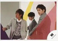 V6 / Takeshi Morita, Ken Miyake, Junichi Okada / Horizontal, Upper body, Costume gray, Left facing, Red panel, White background / Official Official photo