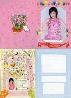 Hello! Project / Aya Matsuura / "Yeah" / "Birthday Card" photos with upper body, costume pink, both hands waist, message.