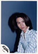 Kinki Kids / Koichi Domoto / Bust-up / Plaid Shirt Blue / left facing / Camera Eye View / Background Navy / Official Official photo