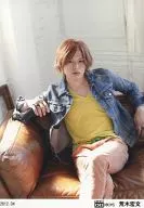 D-BOYS / Hirofumi Araki / Denim Jacket, Inner Yellow, Legging, Pink Pants, Sitting, Brown Sofa, fingers of the right hand Ring, White Background / 2012.04 / Official Official photo