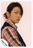 KAT TUN / Kazuya Kamenashi / Costume Black Check Orange / Bust Up / Right Facing / Background White / Official Official photo