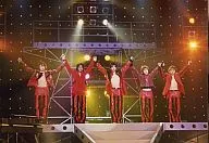 Arashi / Gathering (5 people) / Horizontal, Live Photo, Whole body, Red Costume, Raised Both Hands, Black Background, Lighting / Official Official photo