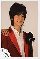 Hey! Say! JUMP / Hiroto Nakajima / Bust up jacket / red shirt / white shirt / hand on shoulders / white background / background white / Official Official photo