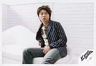 KinKi Kids / Domoto Go / Horizontal / Knee-High / Jacket black stripe / Sitting / Bed / Background white / Official Official photo